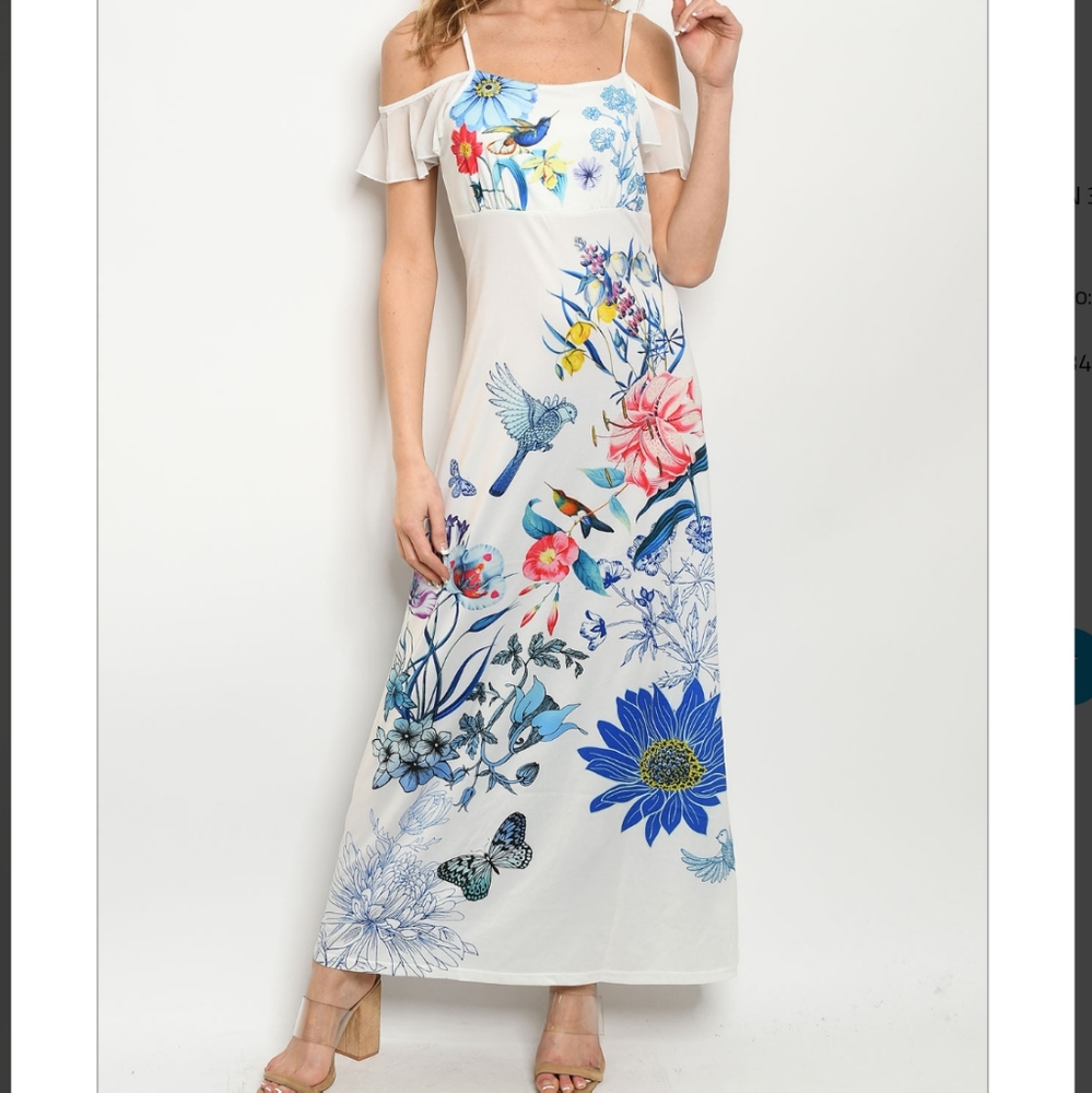 MAGALI Maxi Dress Strappy Off Shoulder Soft Flowy Floral Bird Print S And L NWT